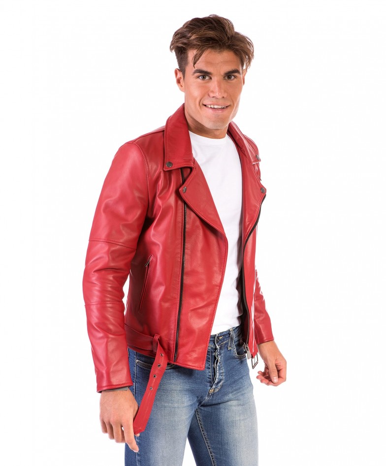 Red Perfecto Lamb Belted Leather Biker Jacket