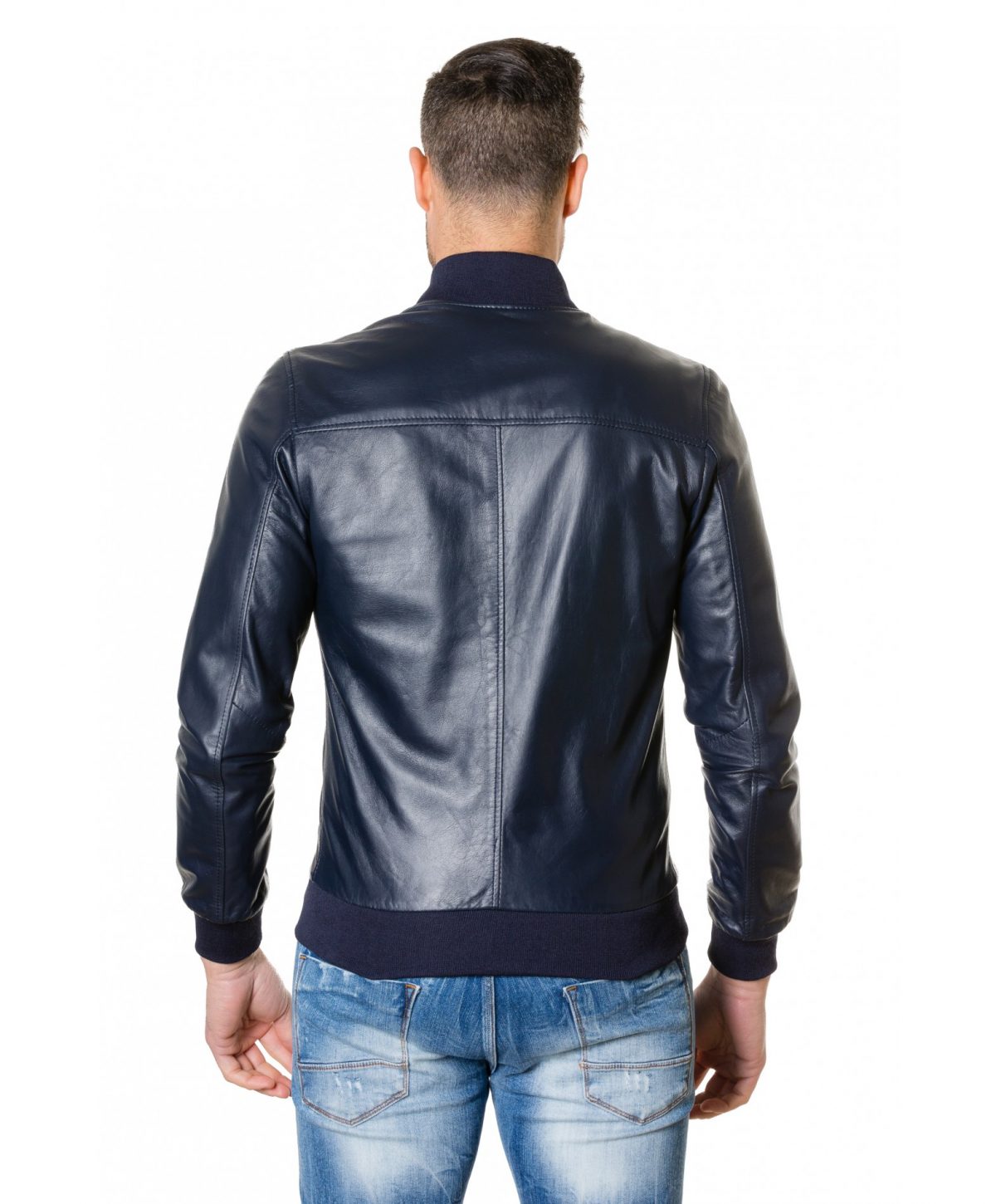 Blue Colour Leather Bomber Jacket Smooth Aspect
