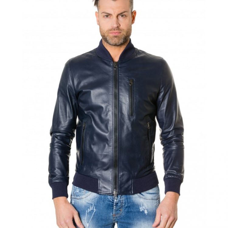 Blue Colour Leather Bomber Jacket Smooth Aspect