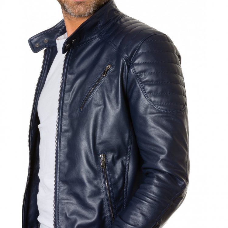Blue Nappa Lamb Leather Biker Quilted Jacket