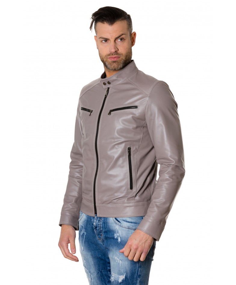 Grey Colour-Lamb Leather Jacket Mao Collar Vintage Aspect