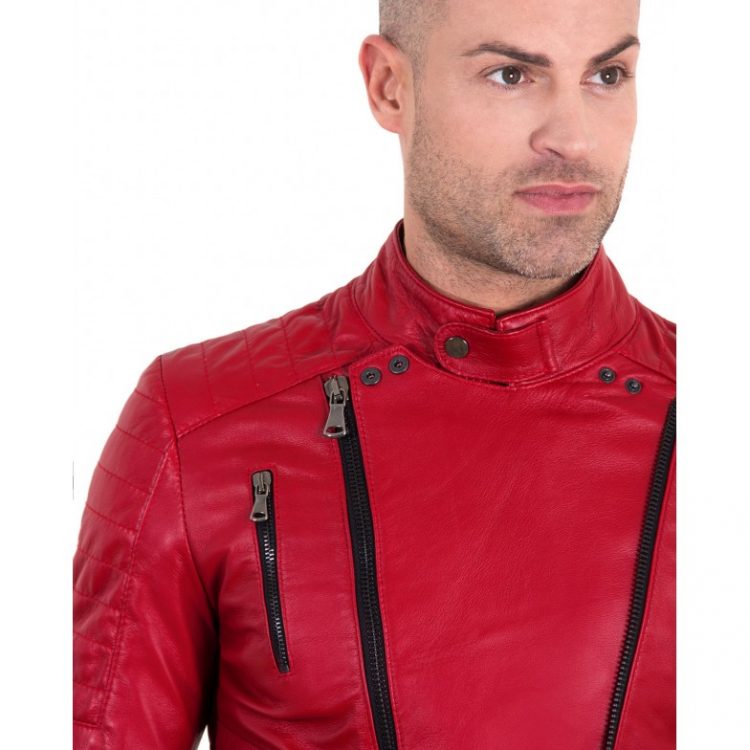 Red Color  Nappa Lamb Leather Biker Perfecto Jacket Smooth Effect