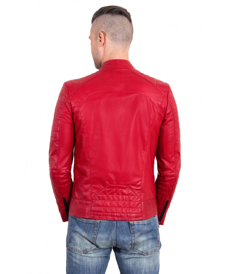 Red Color  Nappa Lamb Leather Biker Perfecto Jacket Smooth Effect