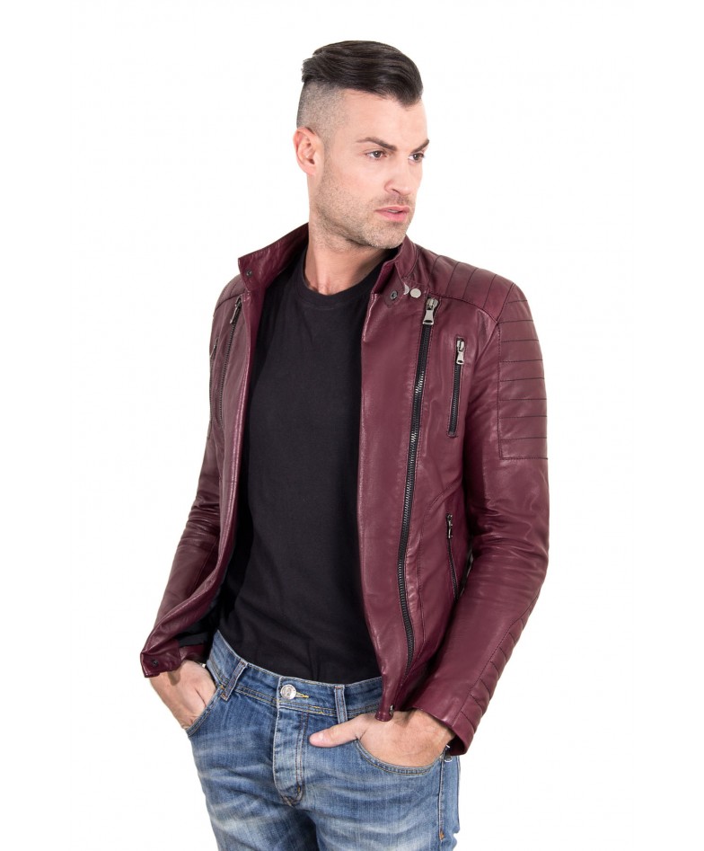 Maroon color Nappa Lamb Leather Biker Perfecto Jacket