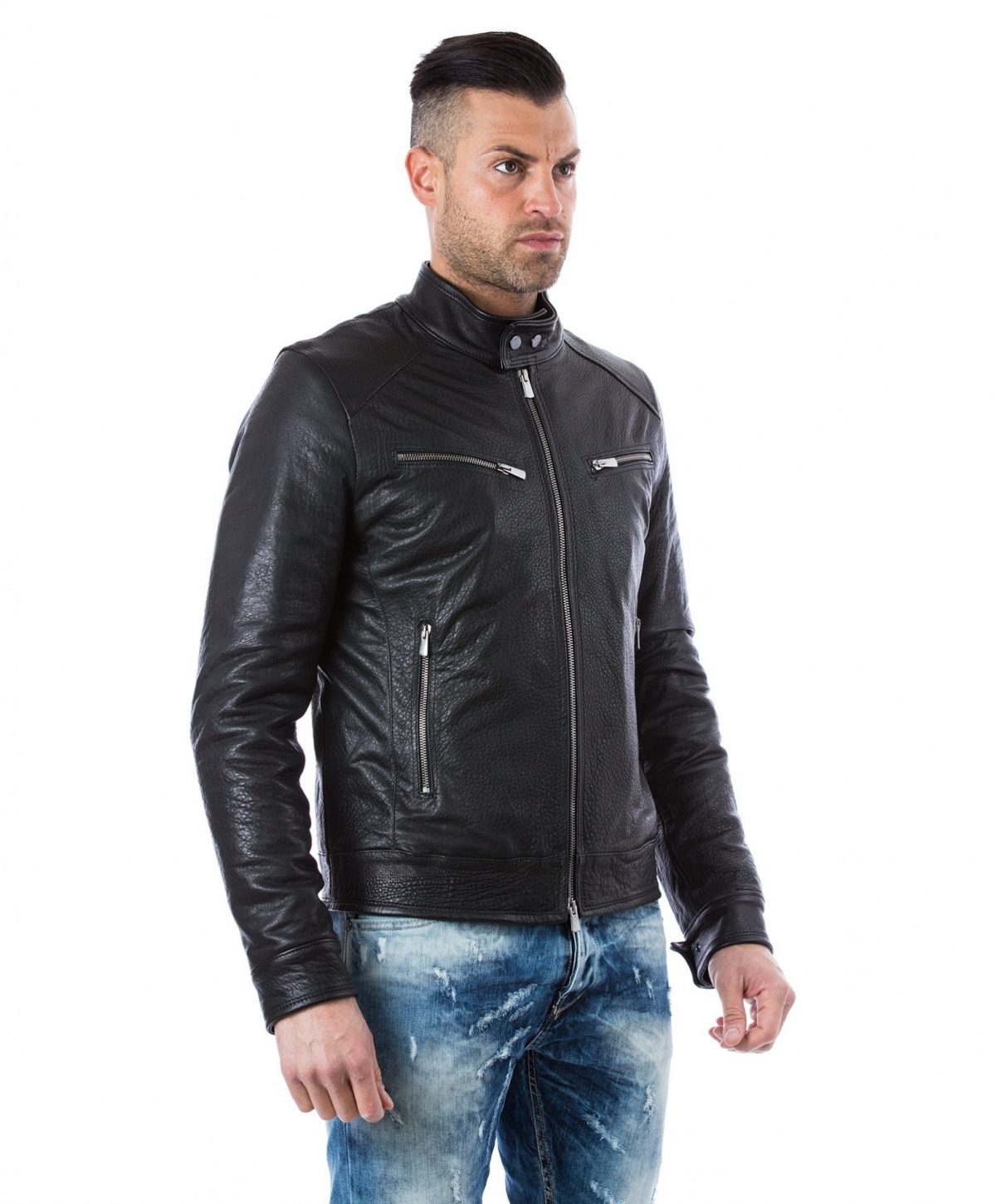 Calfskin Leather Jacket Black Four Pockets