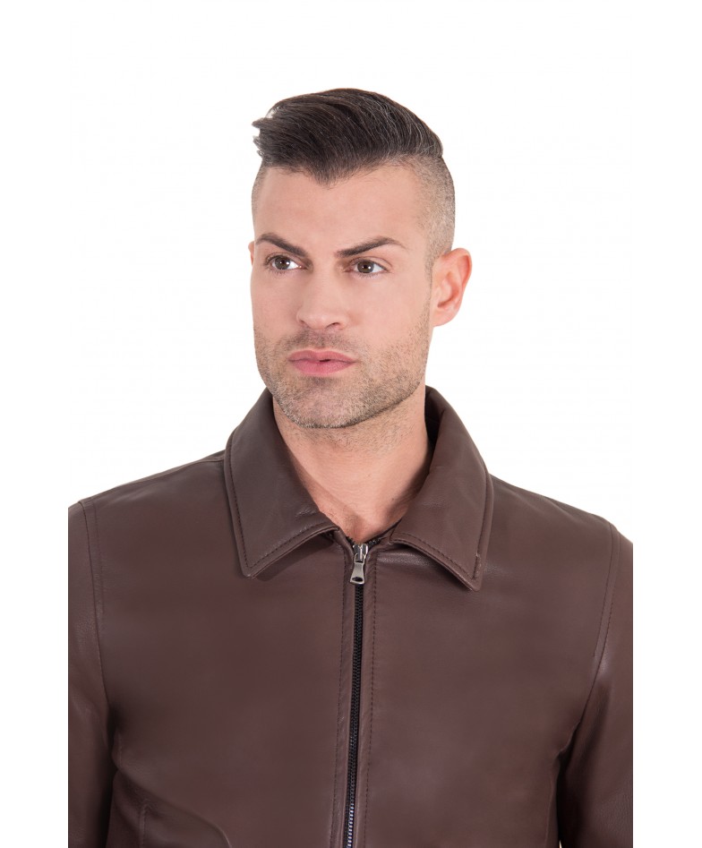 Dark Brown color  Nappa Lamb Leather Jacket Shirt Collar