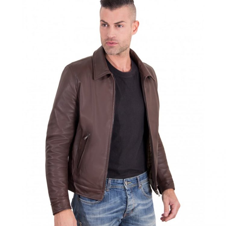 Dark Brown color  Nappa Lamb Leather Jacket Shirt Collar
