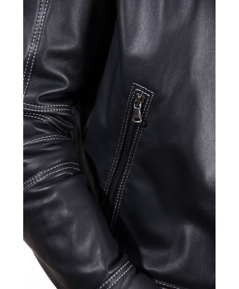 Black Lamb Leather Jacket Contrast Stitching