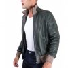 Green Vintage Effect Lamb Leather Jacket Wool Contrasting