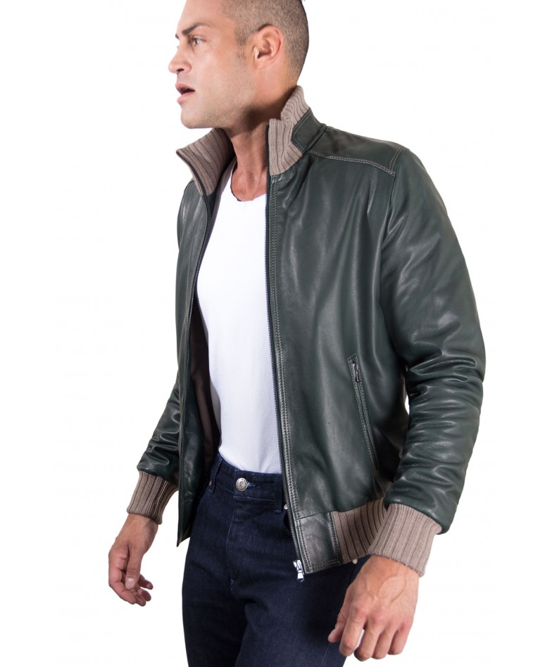 Green Vintage Effect Lamb Leather Jacket Wool Contrasting