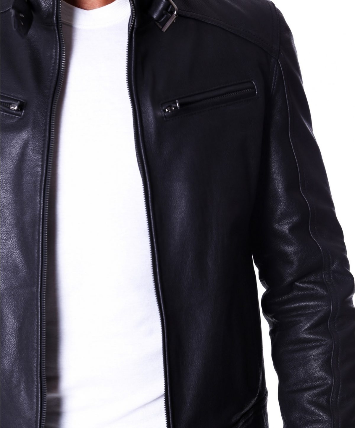 MAX Black Calf leather Buckle Biker Jacket