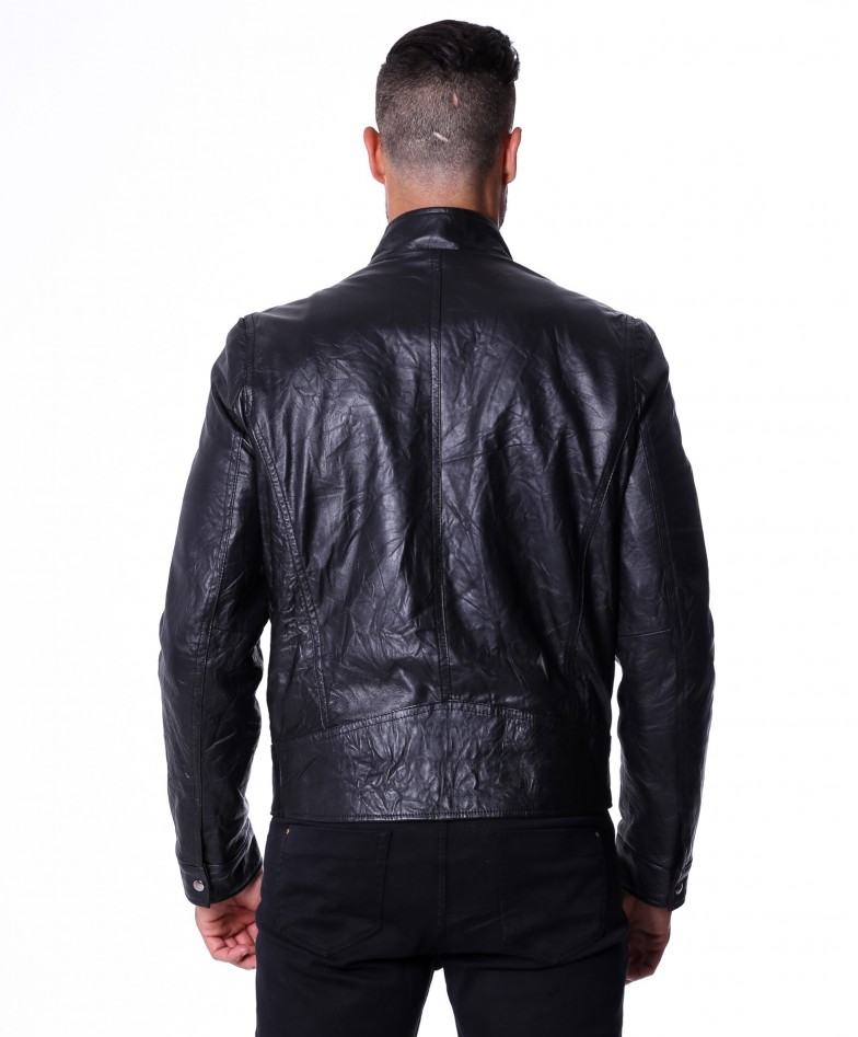 Black Creased Lamb Leather Buckle Biker Jacket
