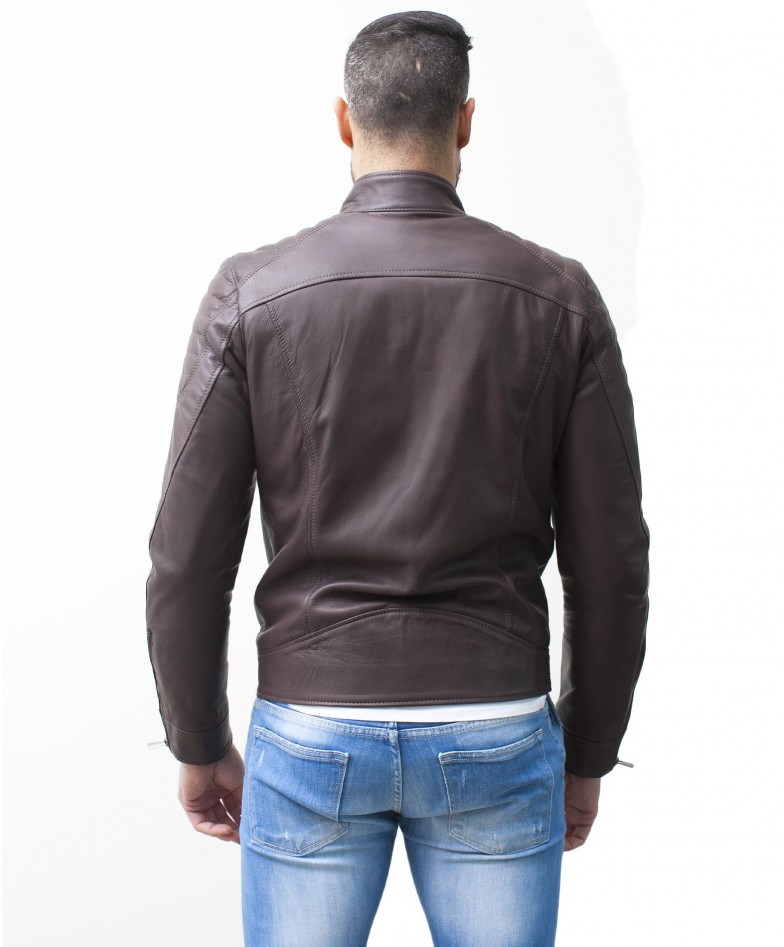 Brown Nappa Lamb Leather Biker Quilted Jacket