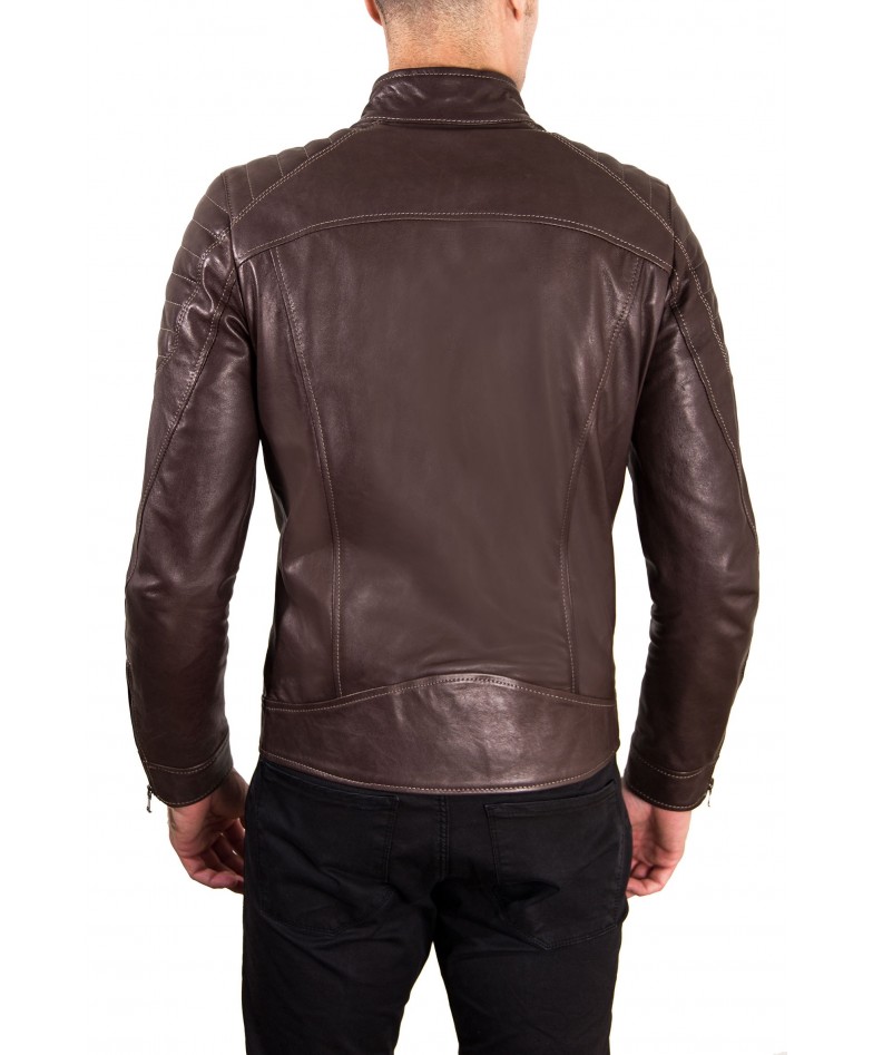 Brown Vintage Effect Lamb Leather Biker Quilted Jacket