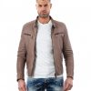Grey Vintage Effect Lamb Leather Jacket Four Pockets Korean Collar