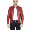 Red Nappa Lamb Leather Jacket Four Pockets Korean Collar