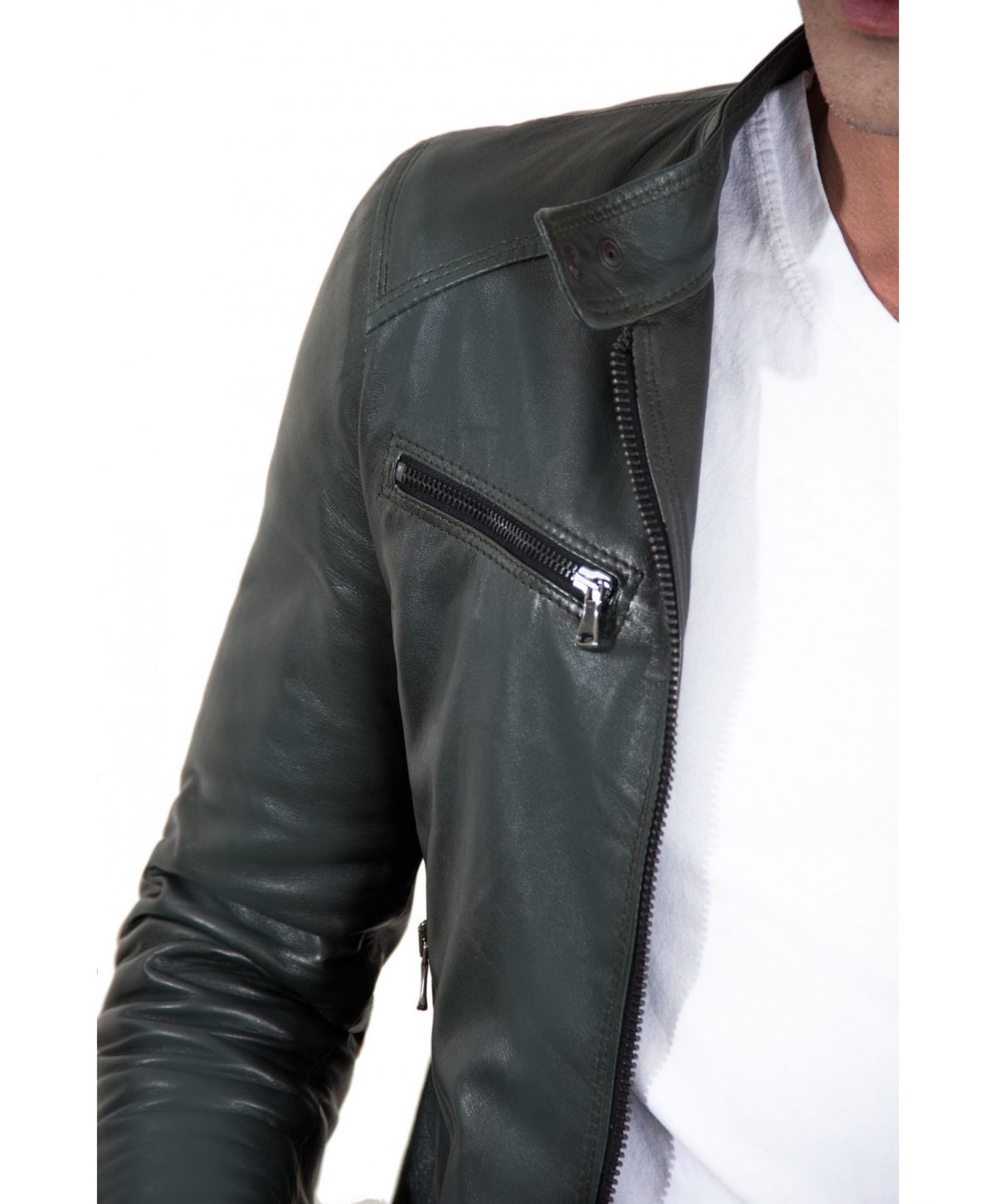 Green Vintage Effect Lamb Leather Jacket Four Pockets korean Collar