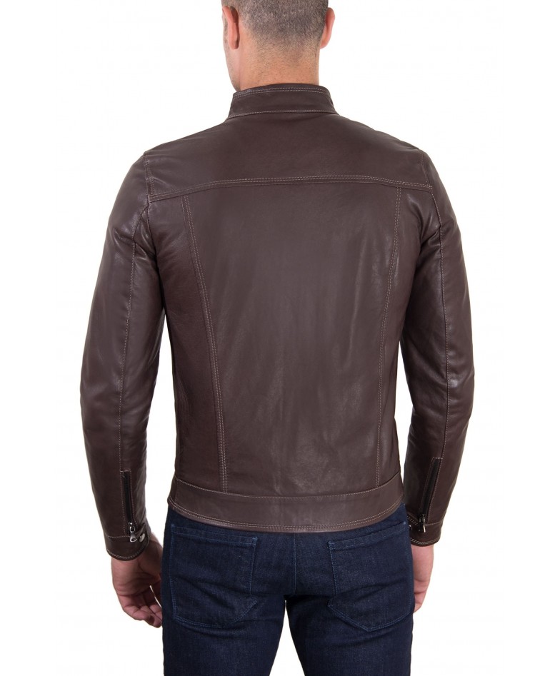 Brown Vintage Effect Lamb Leather Jacket Four Pockets korean Collar