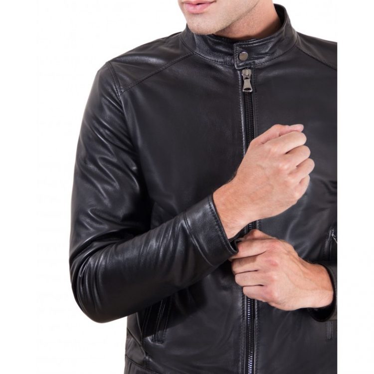 Black Nappa Lamb Leather Jacket Korean Collar