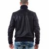 Blue Leather Bomber Jacket Front Woven Wool