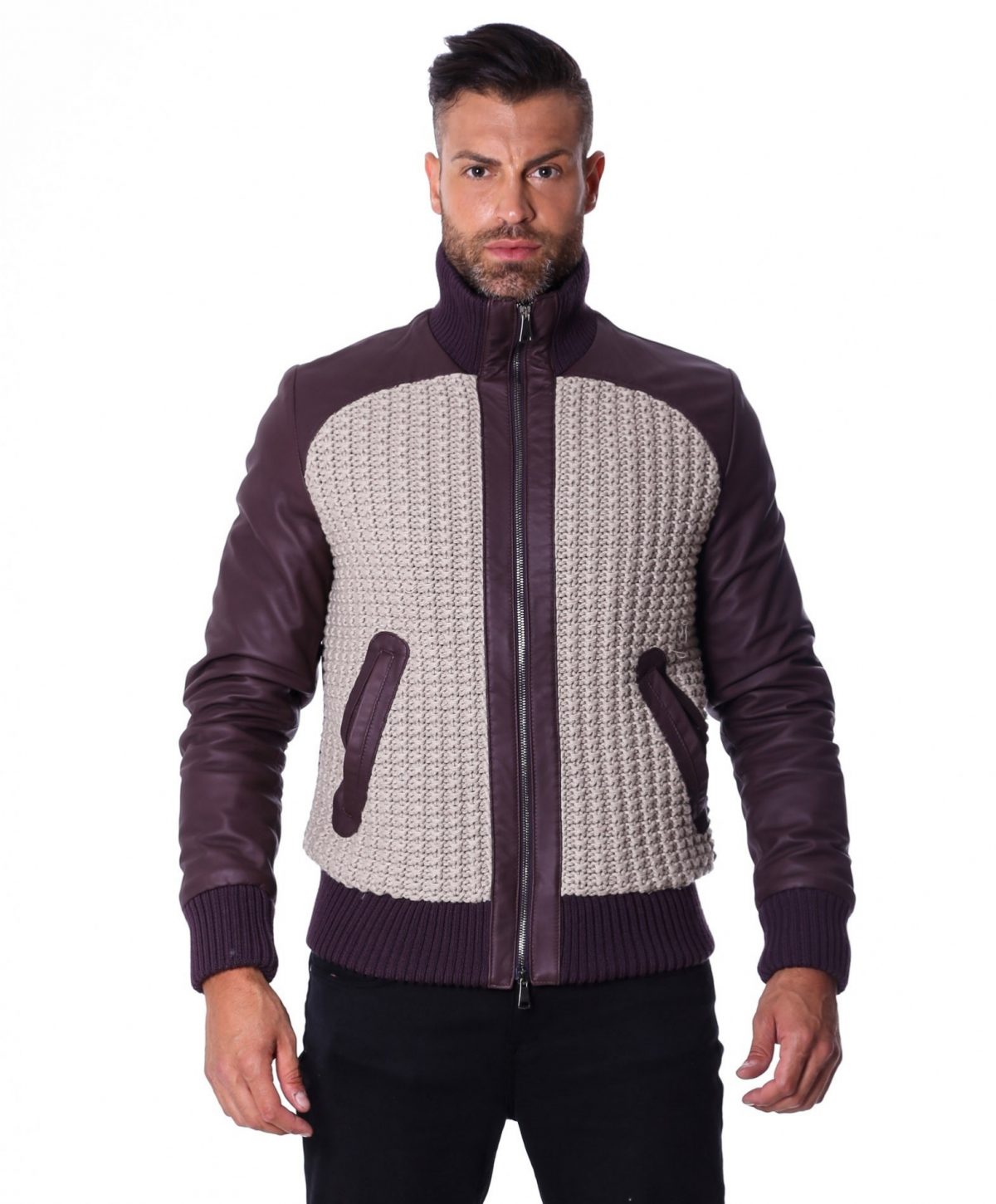 Red Purple Leather Bomber Jacket Front Woven Wool