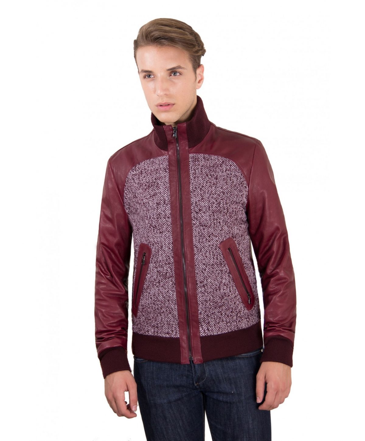 Red Purple Leather Bomber Jacket Front Woven Wool