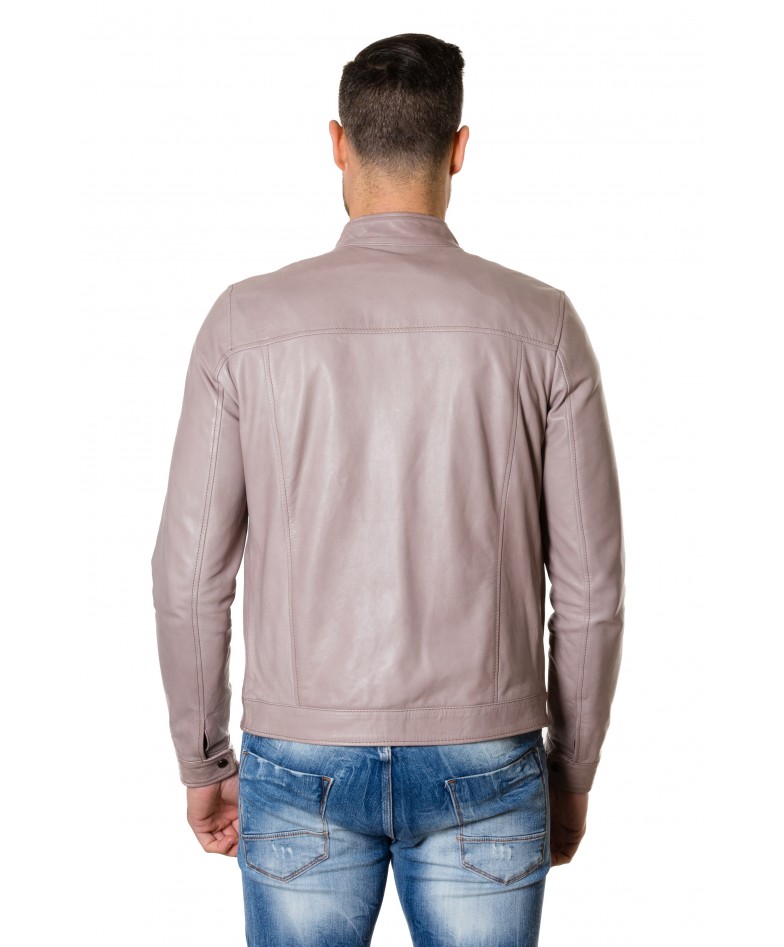 Grey Colour Leather Jacket Mao Collar Bogotà Vintage Aspect