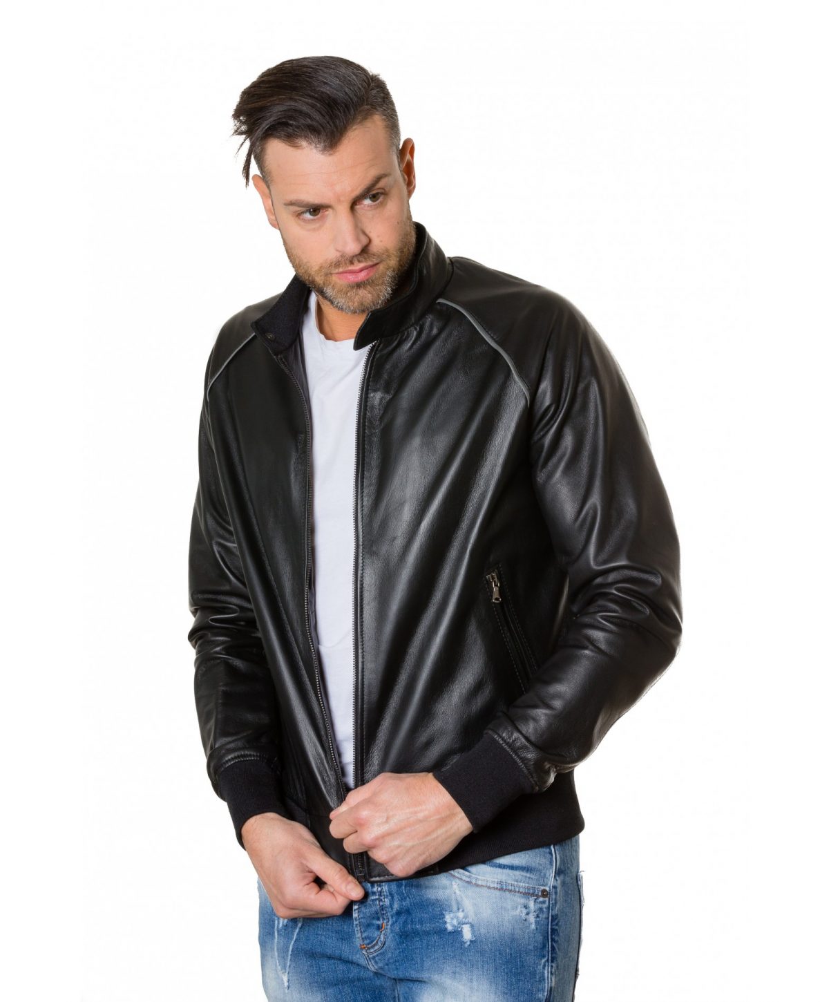 Black Colour Leather Bomber Jacket Smooth Aspect