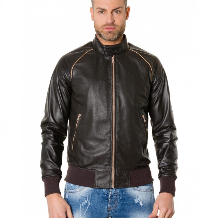 Dark Brown Colour Perfored Leather Bomber Jacket Smooth Aspect