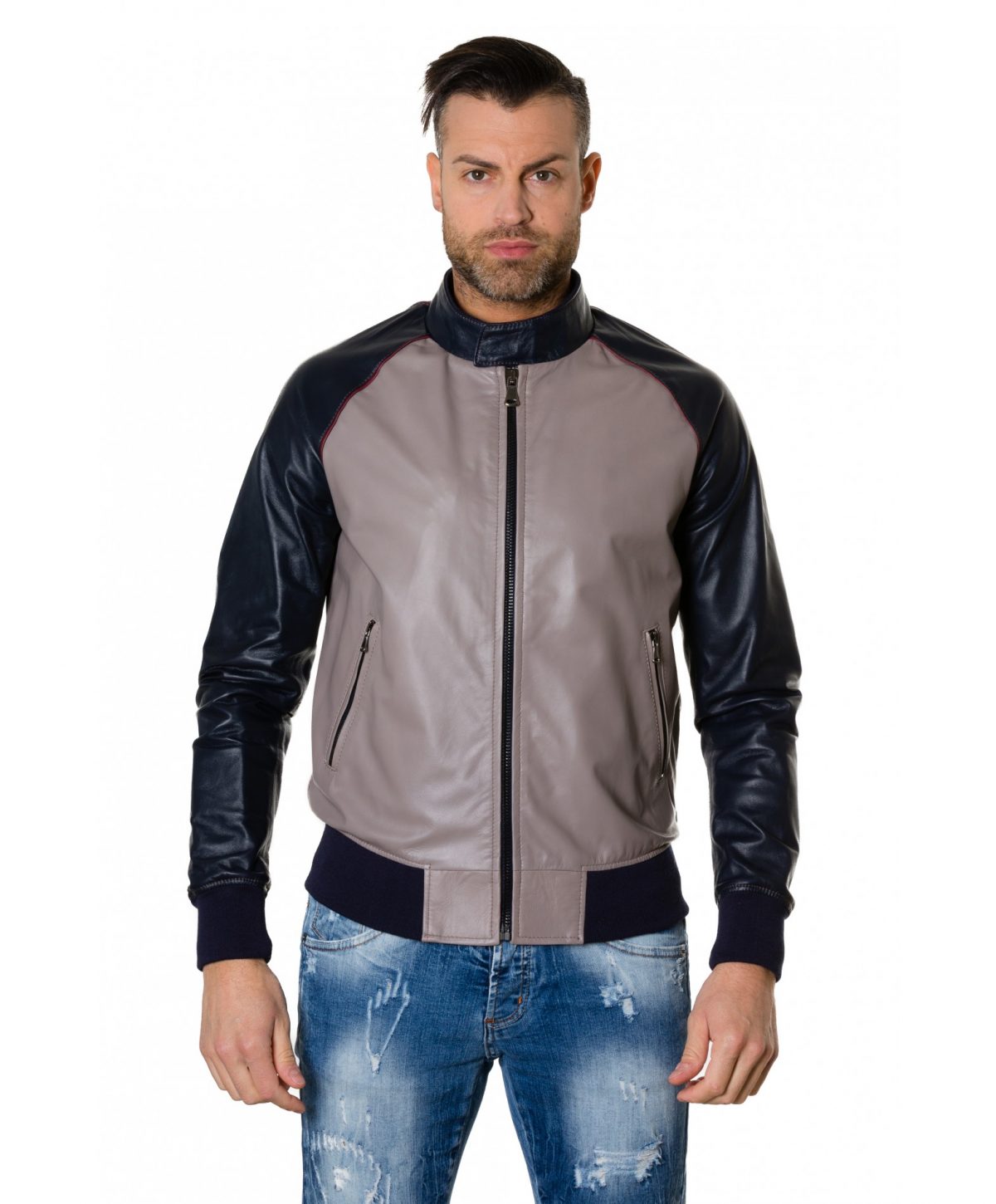 Grey/Blue Colour Leather Bomber Jacket Smooth Aspect