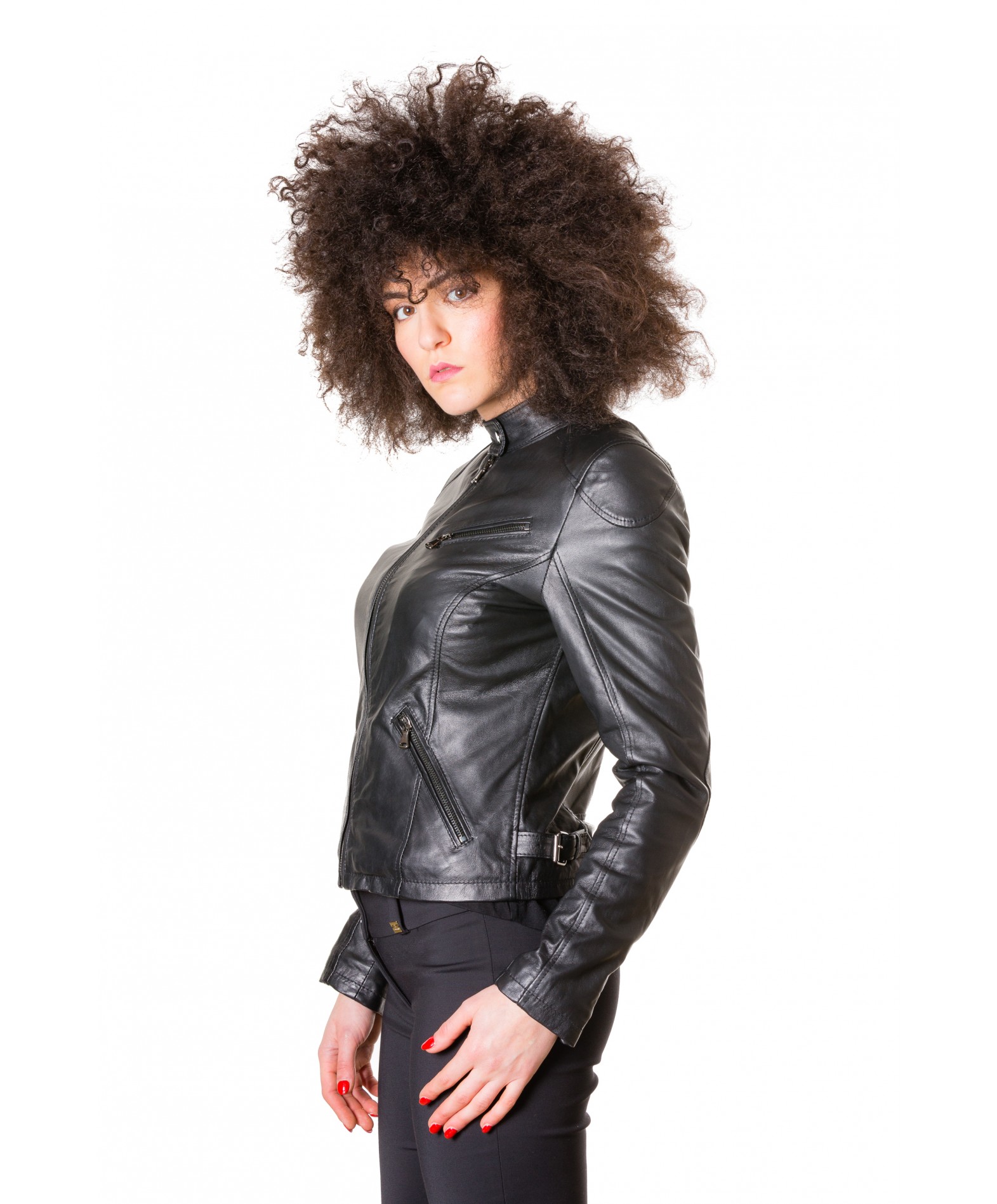 762 - Black Color - Nappa Lamb Biker Leather Jacket Smooth Effect