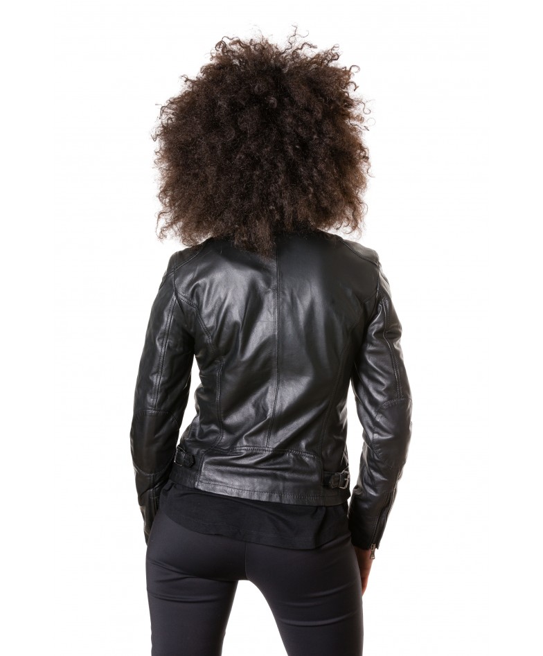 762 - Black Color - Nappa Lamb Biker Leather Jacket Smooth Effect