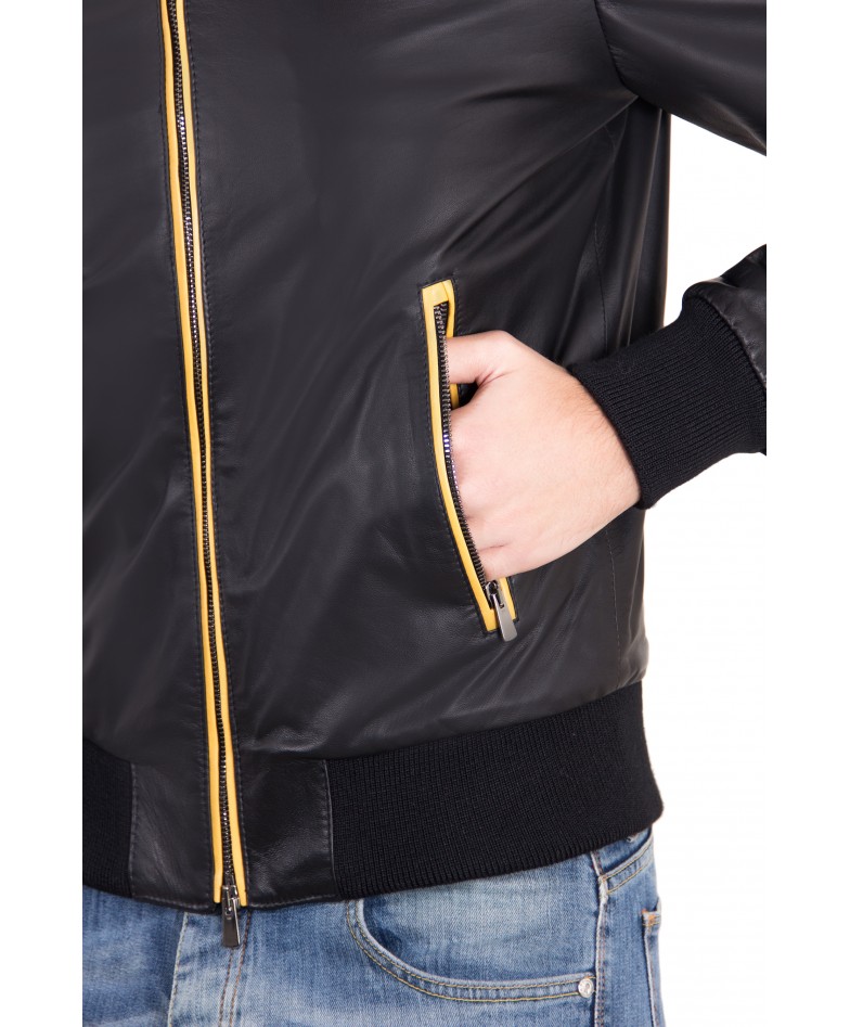 Black Color Nappa Lamb Leather Hooded Bomber Jacket