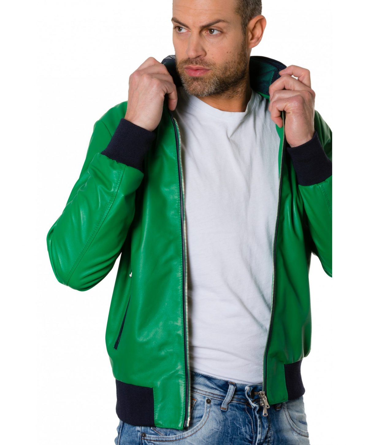 Green/Blue Colour – Lamb Leather Hooded Jacket Smooth Aspect