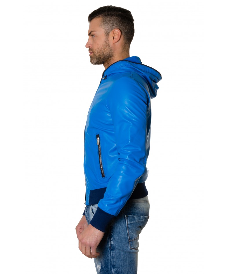 Light Blue Colour Lamb Leather Hooded Jacket Smooth Aspect
