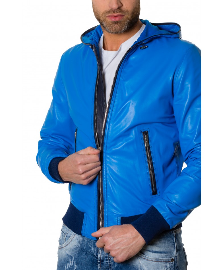 Light Blue Colour Lamb Leather Hooded Jacket Smooth Aspect