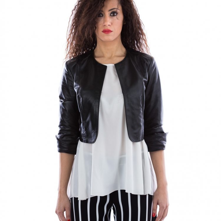 Black Color Nappa lamb Leather Short Jacket Smooth Effect