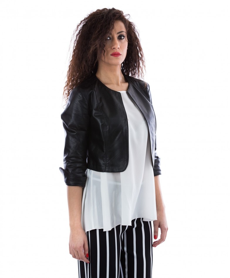 Black Color Nappa lamb Leather Short Jacket Smooth Effect