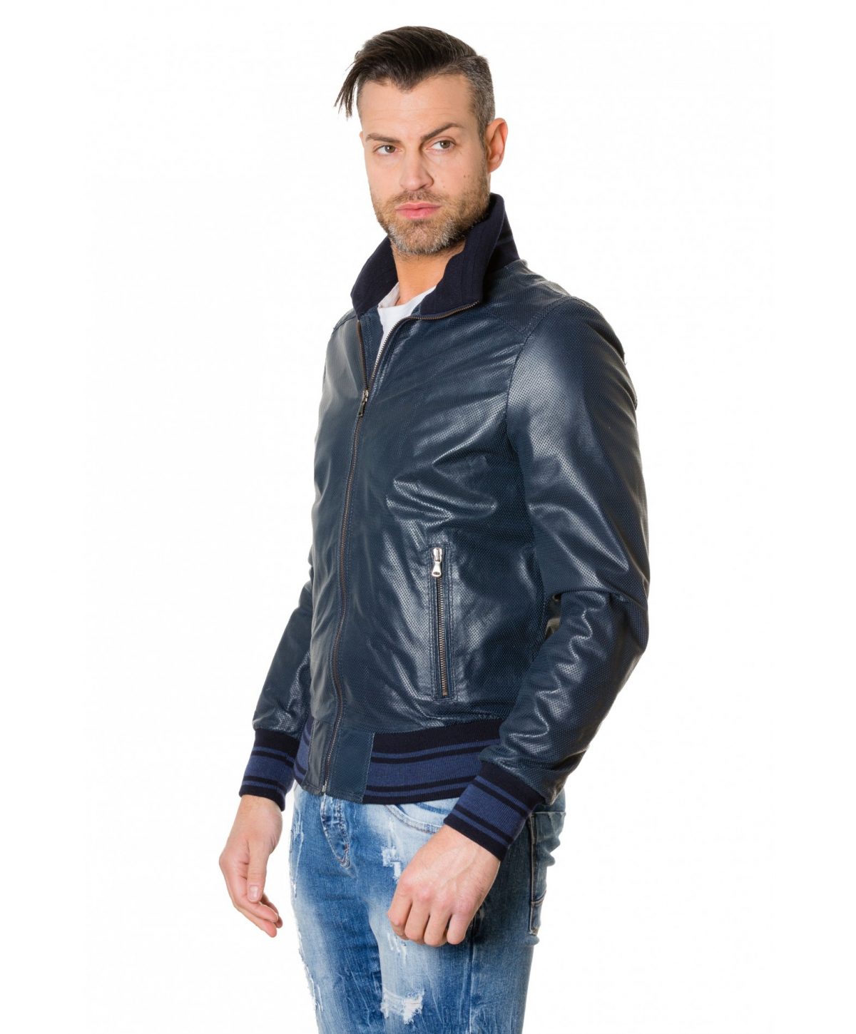 Blue Colour Perforated Leather Jacket Bicoloured Collar