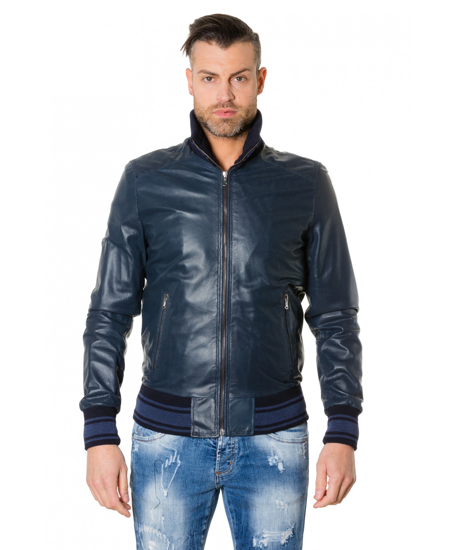 Blue Leather Jacket Zip Pictures