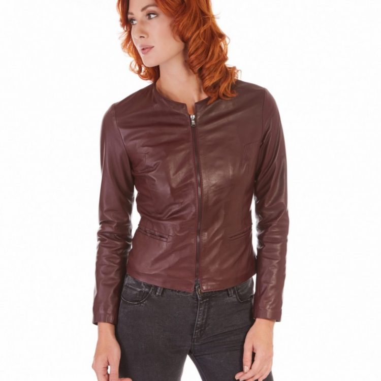 Brown Color Lamb Leather Round Neck Jacket