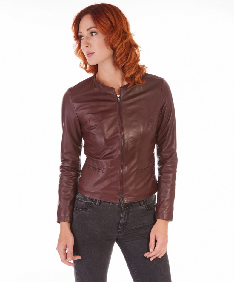 Brown Color Lamb Leather Round Neck Jacket