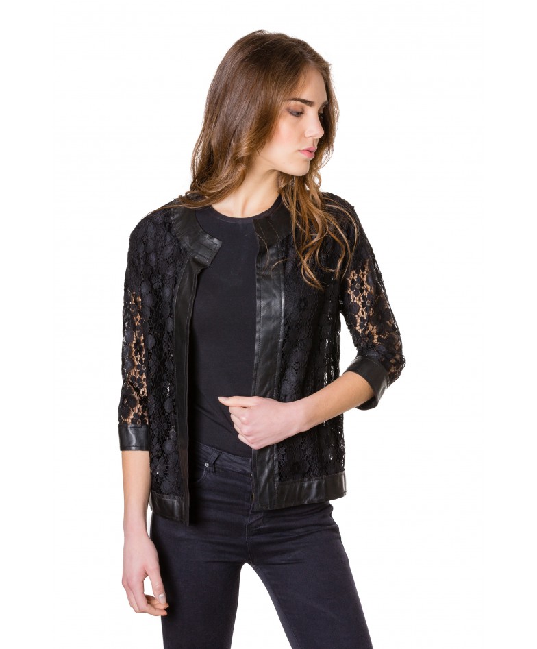 Black Colour Woman Lace Jacket With Leather Edges