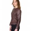 Brown Color Nappa Lamb Leather Rouches Jacket Smooth Effect