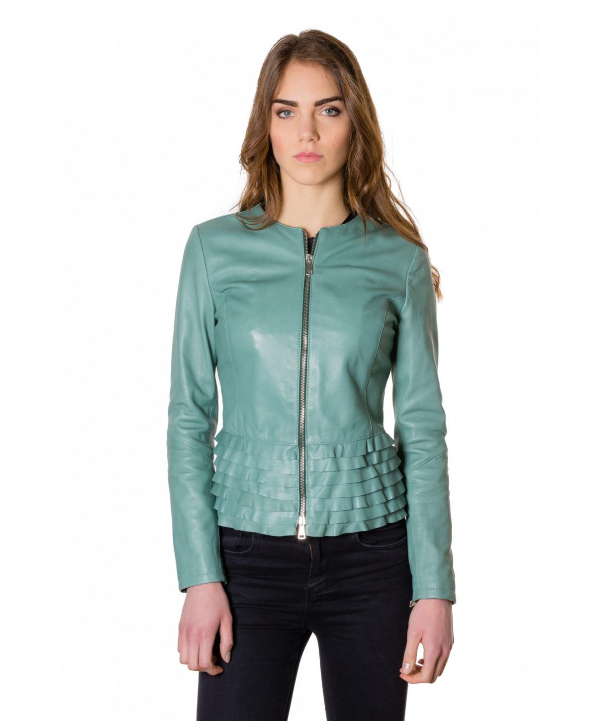 Green Color Nappa Lamb Leather Rouches Jacket Smooth Effect