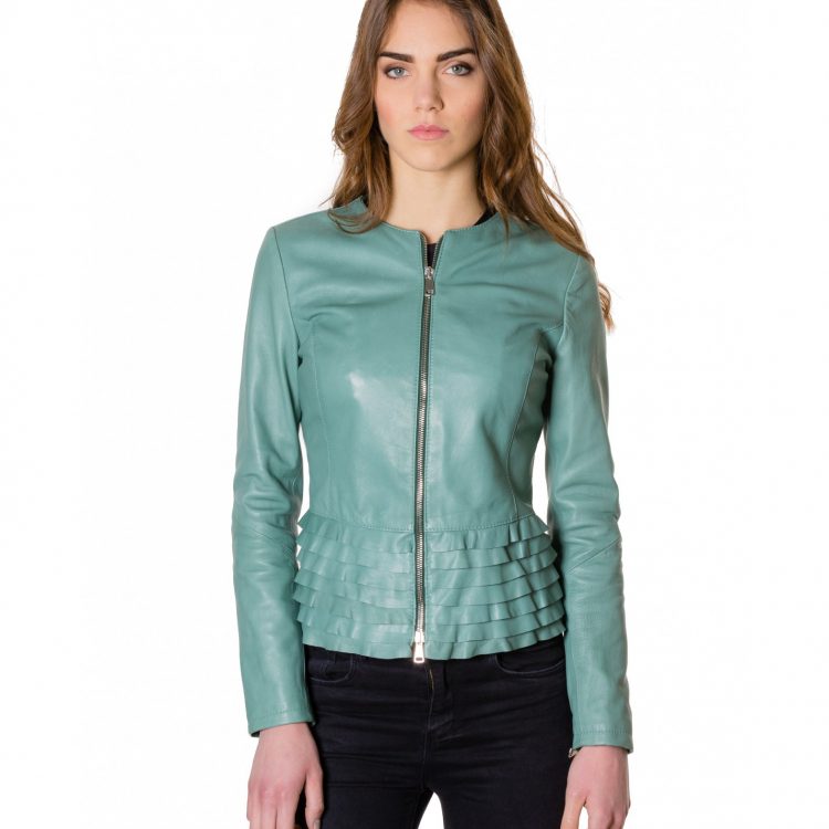 Green Color Nappa Lamb Leather Rouches Jacket Smooth Effect