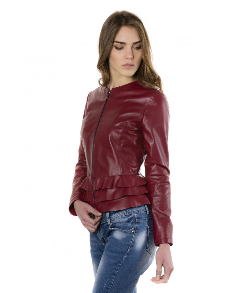 Bordeaux Color – Nappa Lamb Leather Jacket With Flounces