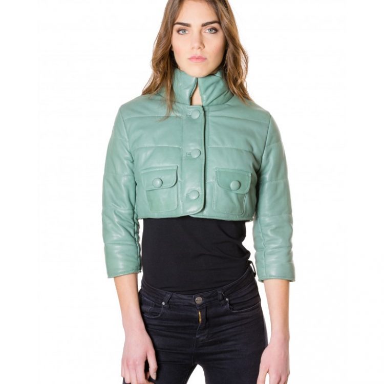 Green Colour Nappa Lamb Short Leather Jacket Smooth Aspect