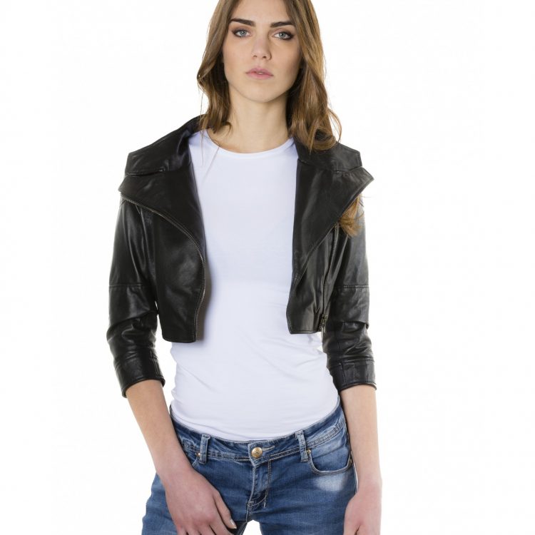 Black Color Nappa Lamb Short Leather Jacket Smooth Effect