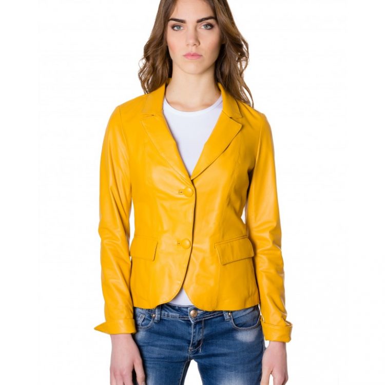 Yellow Color Lamb Leather Two Buttons Jacket Smooth Effect